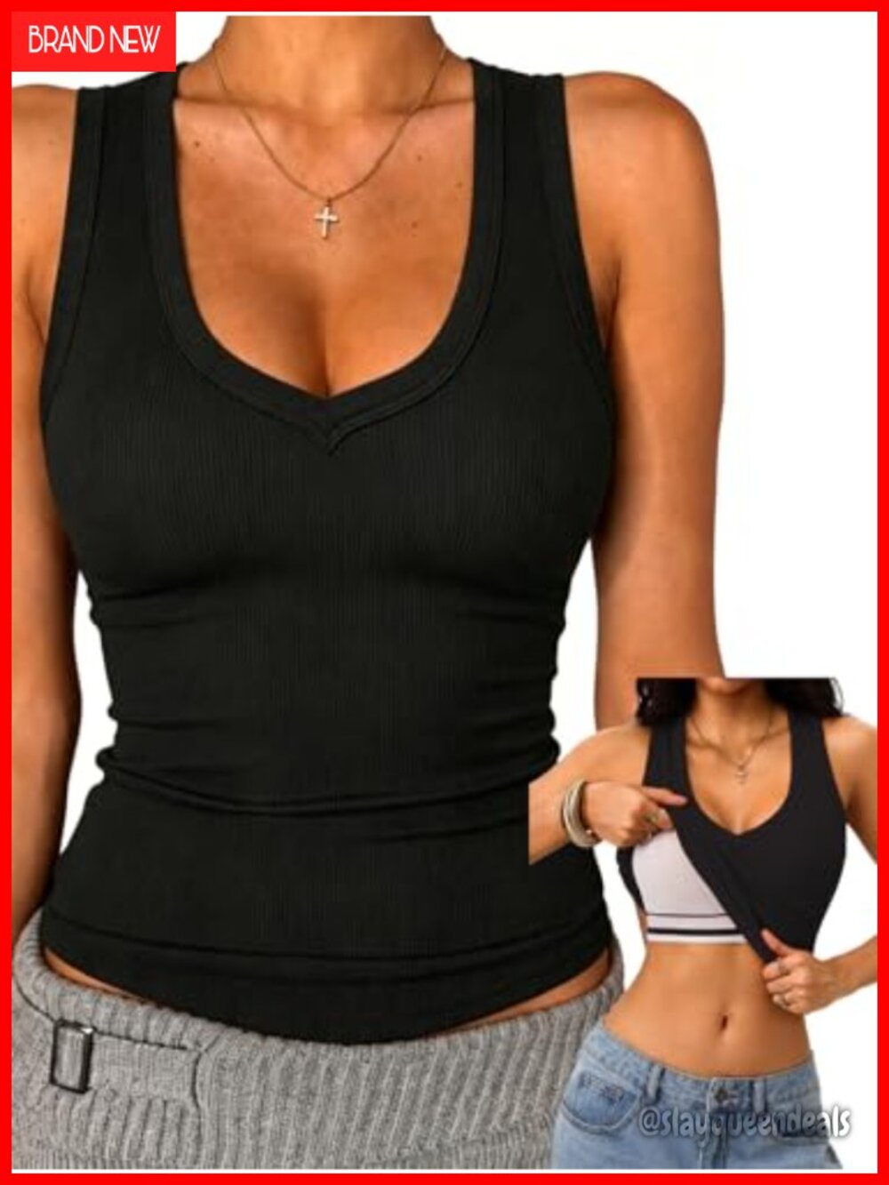 Built in Bra Tank Top Women Racerback Ribbed Sleeveless V Neck Fitted Knit